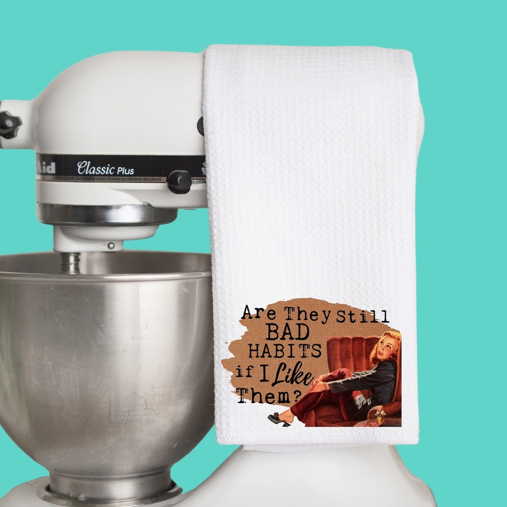 Vintage Style Bad Habits Waffle Weave Kitchen Towel White Funny Retro Graphic - Picture 3 of 9